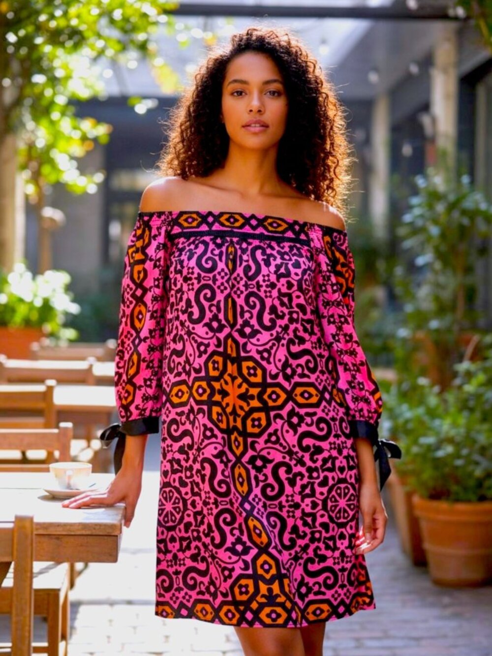 Hale Bob Multicolor Moroccan Print 3/4 Sleeve Off-Shoulder Dress Size XS EUC